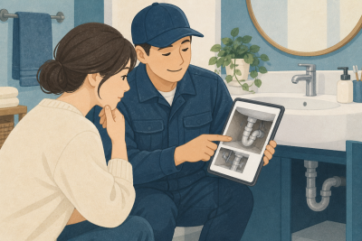 배관 점검 재방문을 요청할 때 이전 작업과 새 증상을 연결하는 방법 관련 설명용 삽화